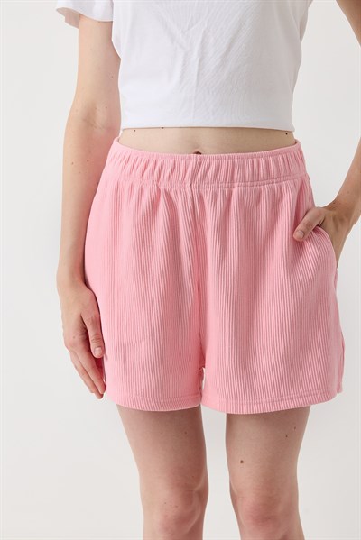 Kadın Beli Lastikli Kaşkorse Şort Pembe