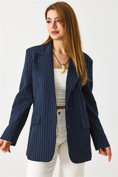 Kadın Çizgi Desen Blazer Ceket Lacivert