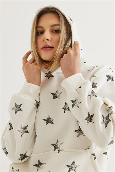 Yıldız Baskılı Oversize Kapüşonlu Sweatshirt Ekru