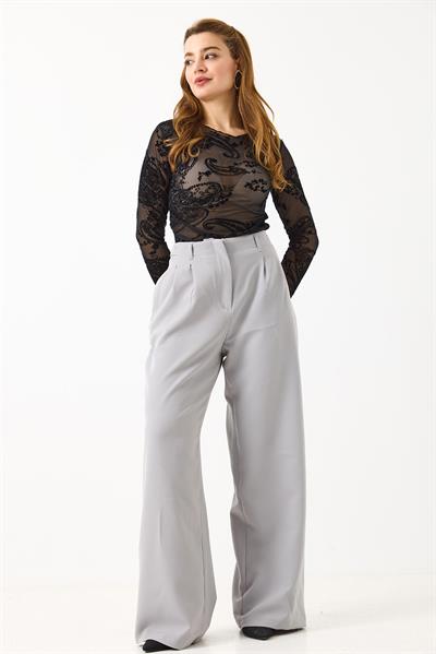 Kadın Yan Kemer Detaylı Bol Kesim Pantolon Gri