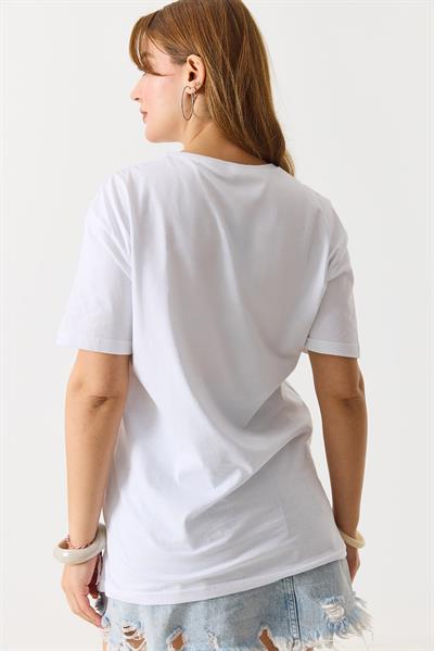 Ayıcık Baskılı Pamuklu Bisiklet Yaka Tshirt Beyaz