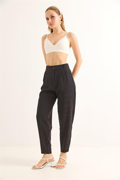 Kemeri Çift Düğmeli Çizgili Palazzo Pantolon Siyah