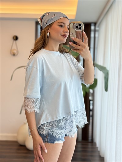 Kadın Dantel Detaylı Viskon Kumaş Salaş Tshirt