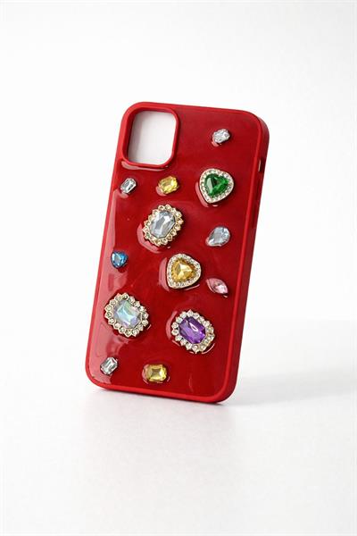 İphone 12 Pro Uyumlu Renkli Kristal Taşlı Kılıf Kırmızı