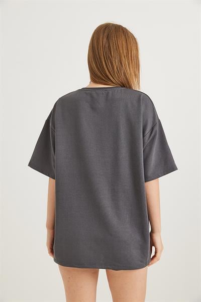 Voila Baskılı Oversize İki İplik Tshirt Füme