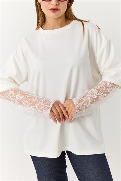 Kadın Kolu Tül Detaylı Oversize Tshirt Beyaz