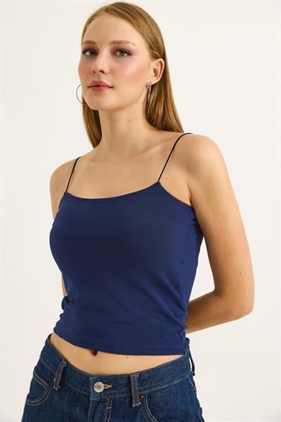 İp Askılı Crop Bluz Lacivert
