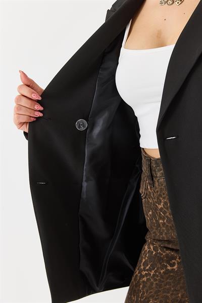 Kadın Düğmeli Tam Kalıp  Blazer Ceket Siyah