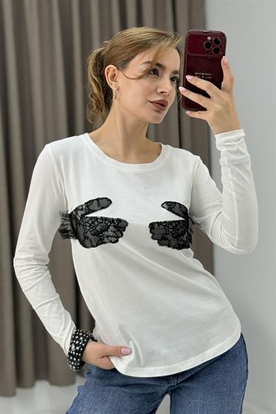 Kadın Beyaz Rahat Esnek Güpürlü Uzun Kollu Tşhirt