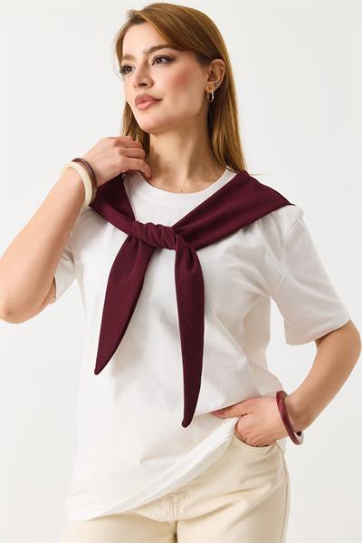 İki Renkli Bordo  Kaşkorse Şal Bağlamalı Tshirt Beyaz