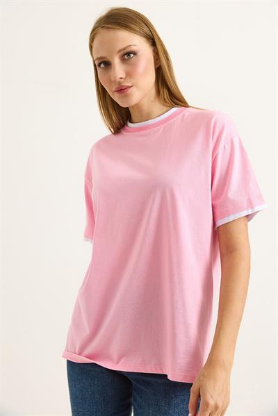 Bisiklet Yaka Kolları Garnili Kadın T-shirt Pembe