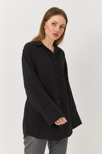 Kadın Siyah Oversize İnce Kemerli İspanyol Kol Yumuşak Keten Gömlek