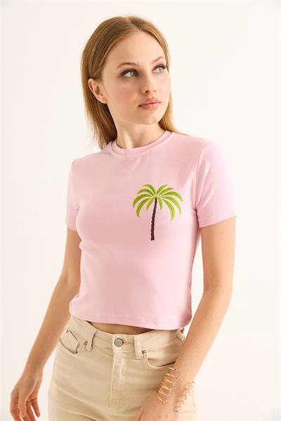 Bisiklet Yaka Kısa Kol Crop Bluz Pembe