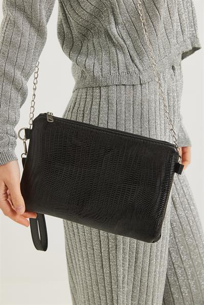 Deri Görünümlü Zincir Askılı El Ve Omuz Çantası Siyah1