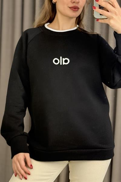 Kadın Yakası Garnili Bol Kesim Sweatshirt Siyah