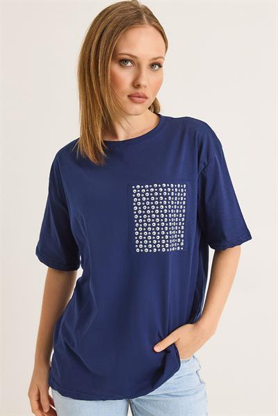 Bisiklet Yaka Taş Detaylı Cepli Tshirt Lacivert