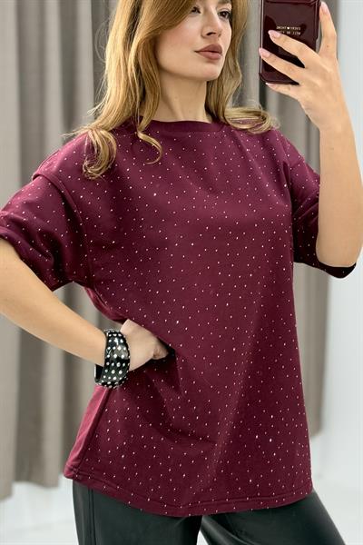 Bisiklet Yaka Taşlı Yarım Kol T-shirt Bordo