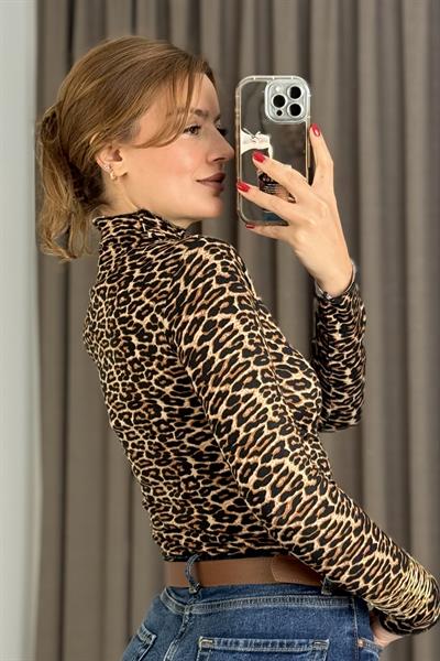 Kadın Leopar Balıkçı Yaka Transparan Kaşmir Bluz Kahverengi