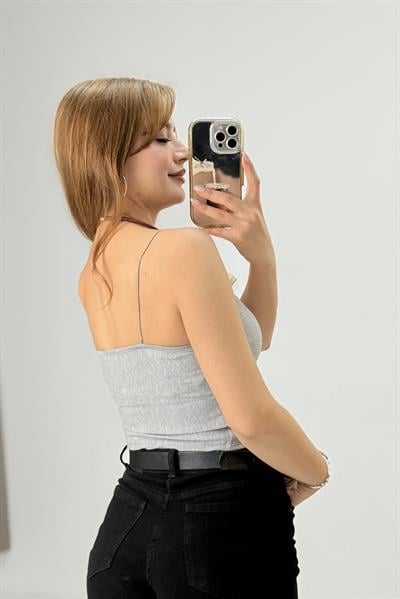 Kadın İp Askılı Crop Bluz Gri