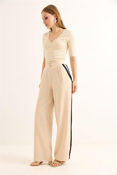 Yanları Şeritli Yüksel Bel Palazzo Pantolon Bej