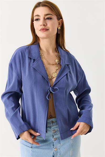 Kadın Önden Bağlamalı İnce Yazlık  Crop Ceket  İndigo