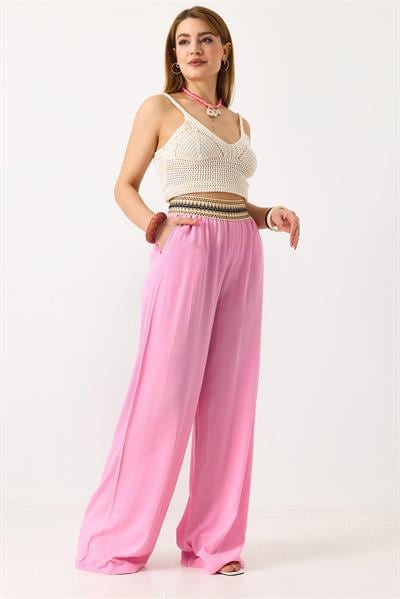 Kadın Beli Etnik Desen Keten Salaş Pantolon