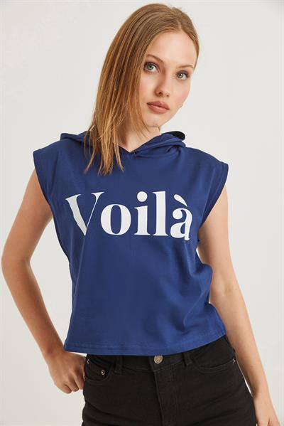 Kapüşonlu Sıfır Kol Baskılı Tshirt Lacivert