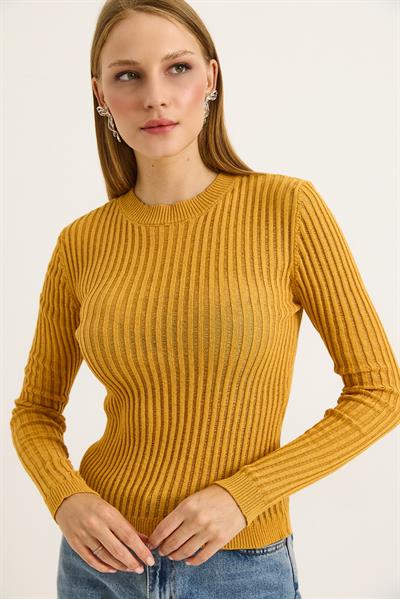 Bisiklet Yaka Triko Örme Bluz Hardal