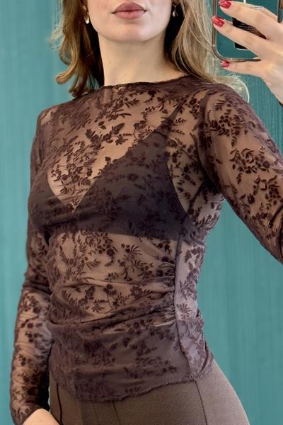 Kadın Transparan Bisiklet Yaka Güpürlü Uzun Kollu Bluz