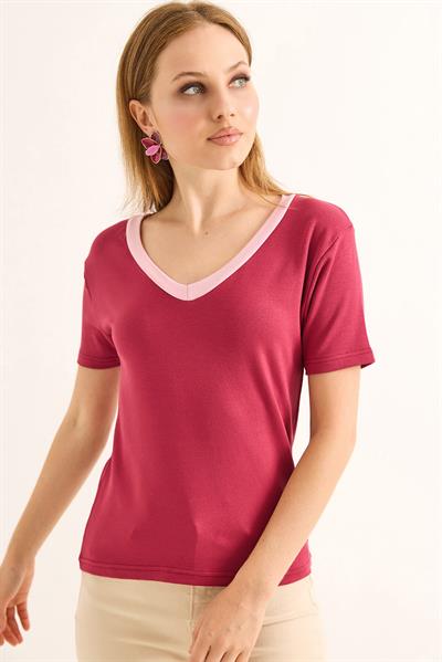 V Yaka  Kısa Kollu Kadın Kısa Tshirt Bordo