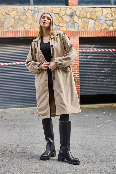Oversize Hafif Modern Düğmeli Trençkot Bej