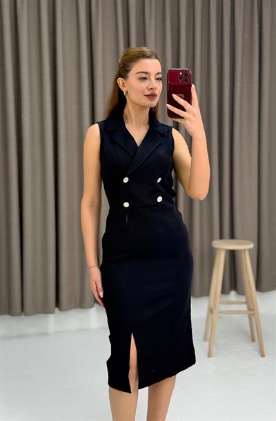Kruvaze Yaka Wrap Blazer Midi Boy Elbise Siyah