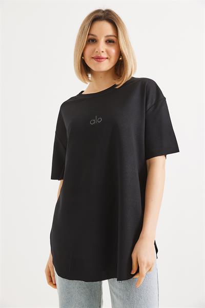 Eteği Oval Kesim Bisiklet Yaka Tshirt Siyah