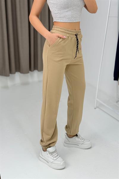 Kadın İki İplik Paçası Lastikli Eşofman Altı Vizon