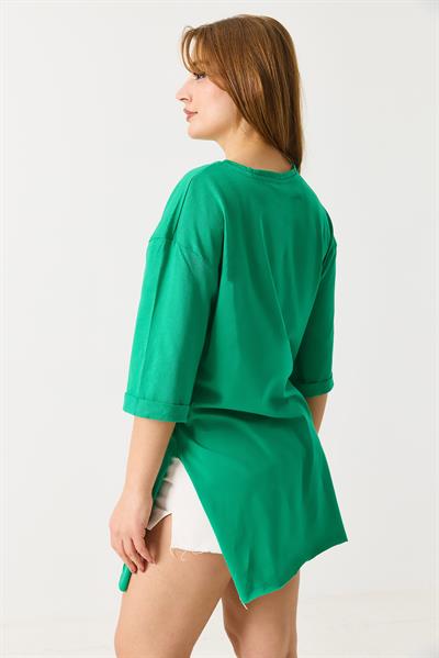 Kadın Yanları Yırtmaçlı  Oversize  Basic Tshirt Yeşil