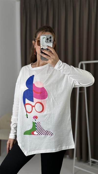 Kadın Beyaz Baskılı Büyük Beden Tshirt