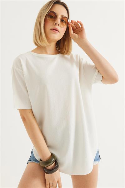 Bisiklet Yaka  Kısa Kol Basic Tshirt Beyaz