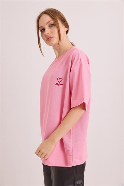 Mom Nakışlı Oversize İki İplik Tshirt Pembe