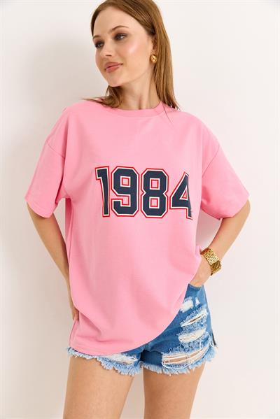 1984 Baskılı Oversize Tshirt Pembe