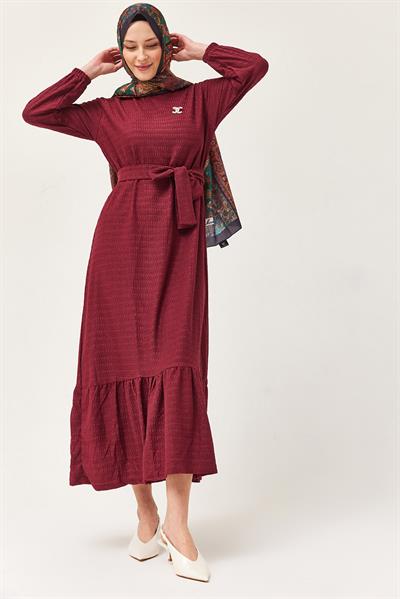Kuşaklı Kat Keten Elbise Bordo