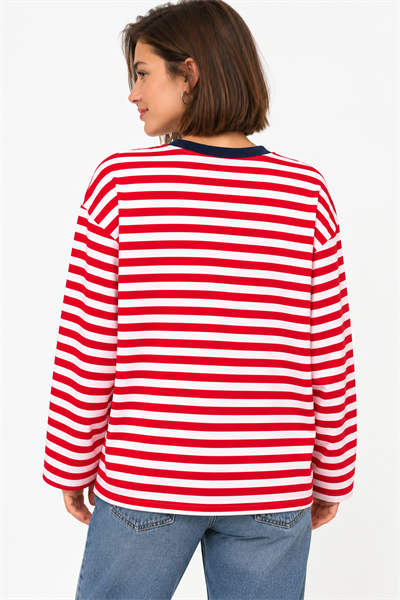 Kadın Bisiklet Yaka Baskılı Çizgili Sweatshirt Kırmızı