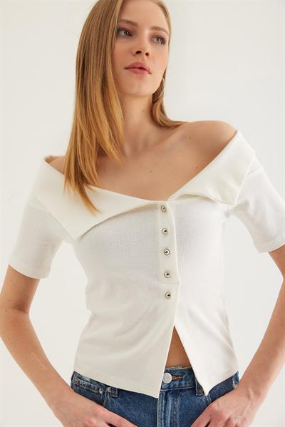Omuz Açık  Düğme Detaylı  Bluz Beyaz 	