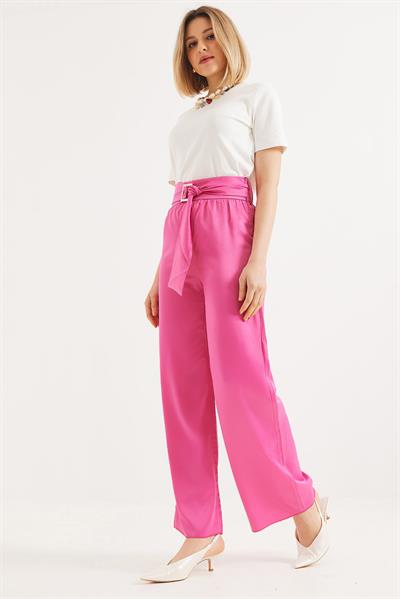 Kemerli Yüksek Bel İspanyol Paça Pantolon Pembe