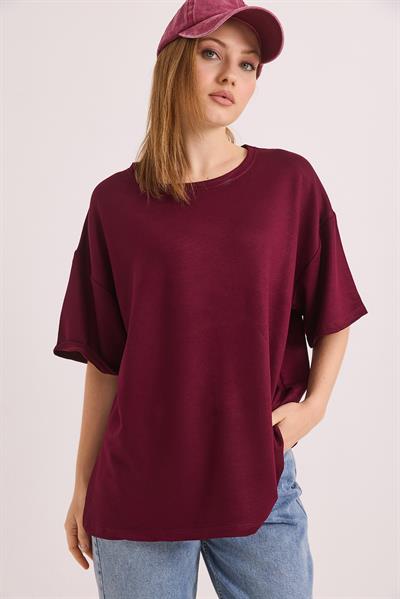 Oversize Yumuşak Dokulu Salaş T-Shirt Bordo