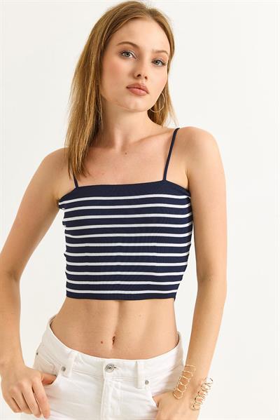 İp Askılı Crop Triko Bluz Lacivert