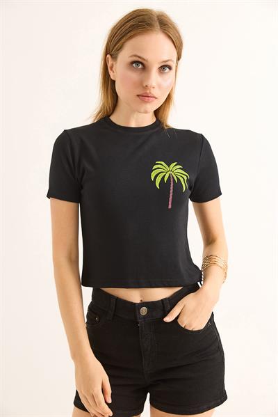 Bisiklet Yaka Kısa Kol Crop Bluz Siyah