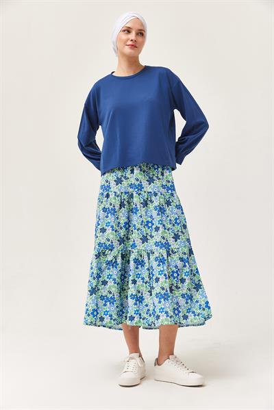 Çiçek Desenli Etekli İkili Takım Lacivert