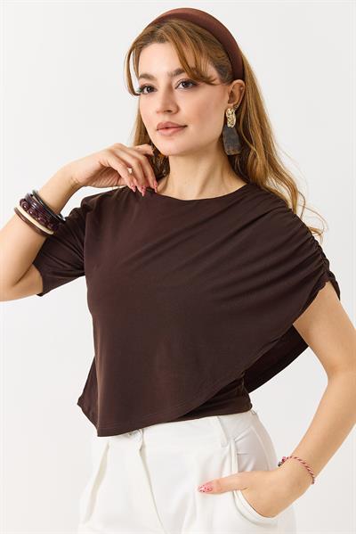 Kadın Sandy Pelerinli Yarım Kollu  Bluz Kahverengi