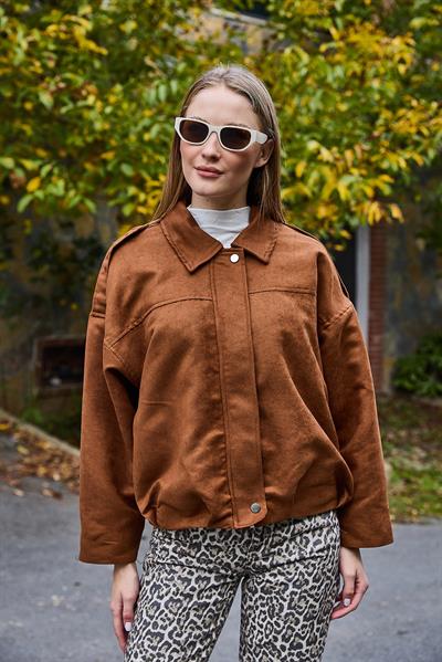 Kadın Kadife Kumaş Oversize Salaş Mont Taba