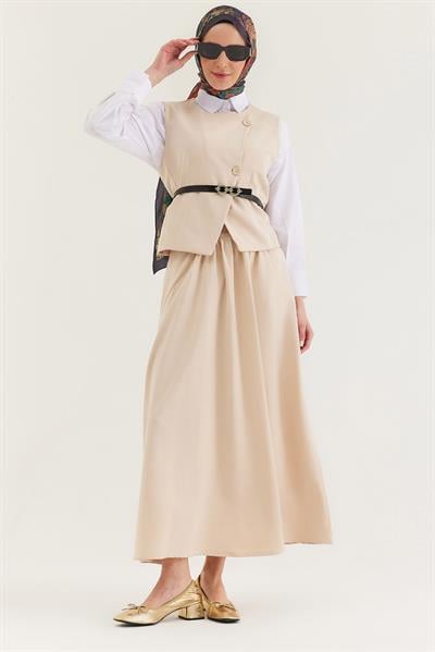 Kemer Detaylı Etekli İkili Takım Krem